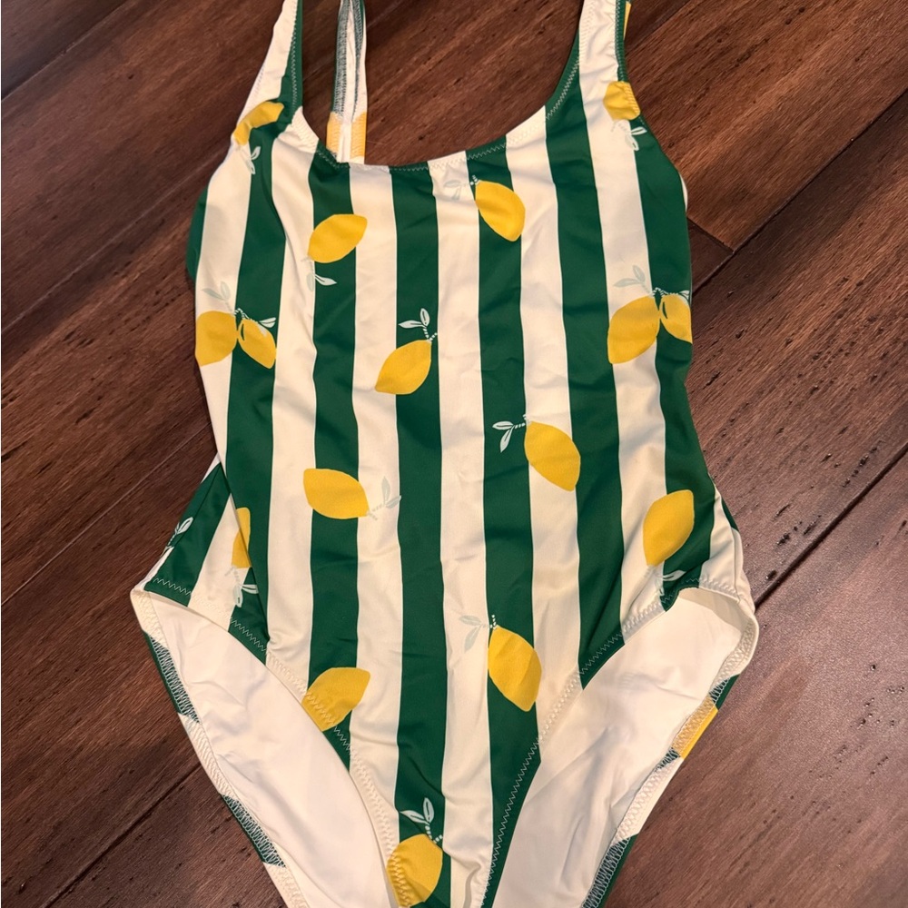 Green and White Striped Kids Swimsuit with Lemon Print